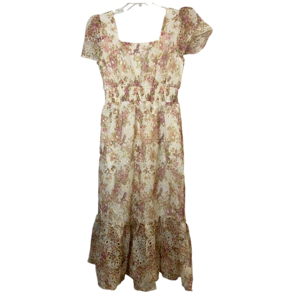 Solitaire Floral Maxi Dress Embroidered Eyelet Cottage Boho Coquette Size Large - Picture 4 of 6